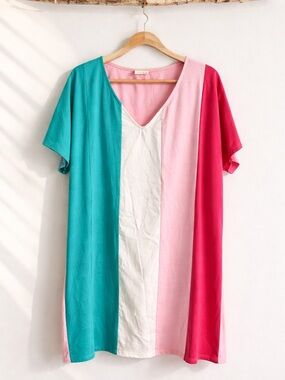 BiBi Teal, White & Pink Vertical Colorblock V-Neck Mini Dress